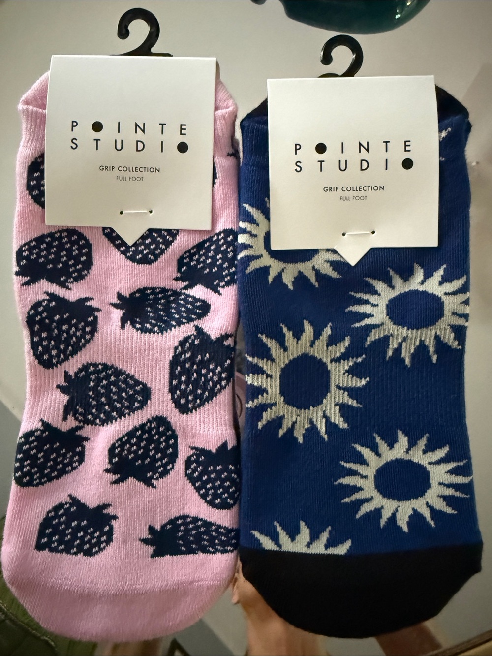 2 pair Pointe Studio barre grip socks pink w/strawberries & navy w/sun